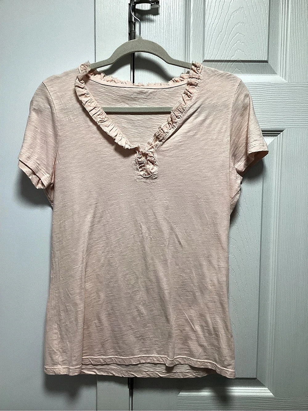 Eddie Bauer Women's Ruffle Neck Cotton Tee in Light Orange Pink Size Medium